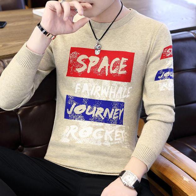 Sweater Men's Autumn and Winter Men's Round Neck Sweater 2019 Printed Clothing Bottoming Sweater
