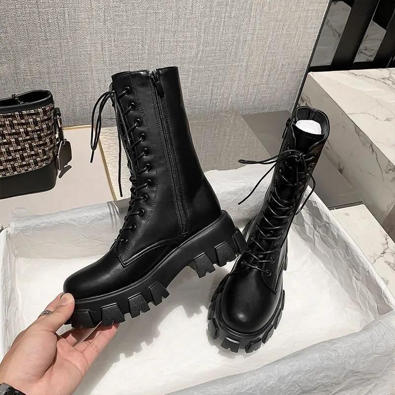 Platform Boots Women Shoes White Black PU Leather Booties Warm Ankle Boots Lace Up Combat Boots Flat Punk Goth Winter Autumn