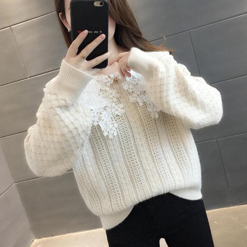Spring and Autumn Loose Sweater Outer Wear Doll Collar Knitted Top Cute Style Lace Collar Female Sweater