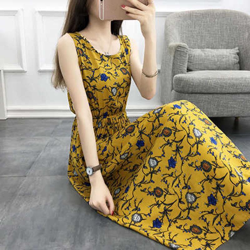 Fashion Boho Summer Cotton Floral Dress Female Vacationer Beach Large Size Printed Sleeveless Dress