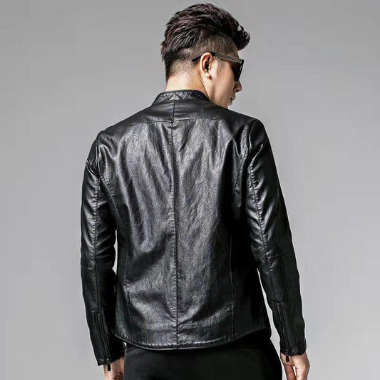 Fashionable Slim-fit Men's Leather Jacket with Stand-up Collar Pu Leather Handsome Motorcycle Leather Jacket