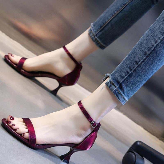 Plus Size 34-40 Women Shiny Slippers Outdoor Bohemian Beach High Heels Wear-resistant Non-slip Office Lady Word Deduction Sandals