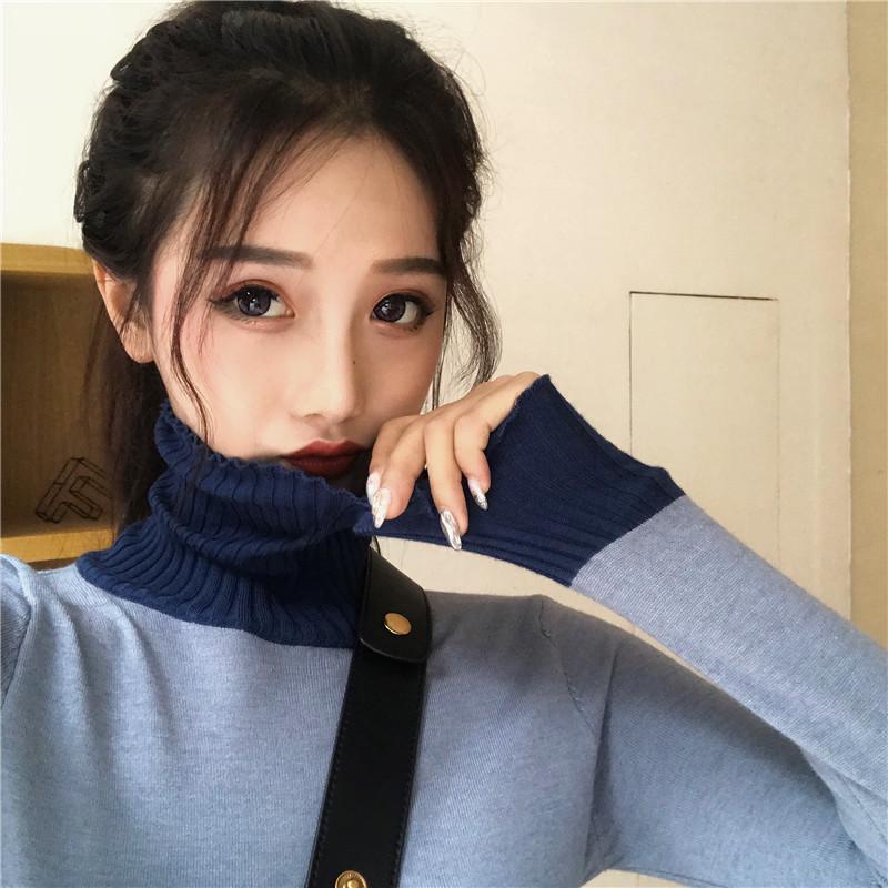 Pofulove  Version of The Turtleneck Contrast Color Long-sleeved with Knit Winter Sweater Student