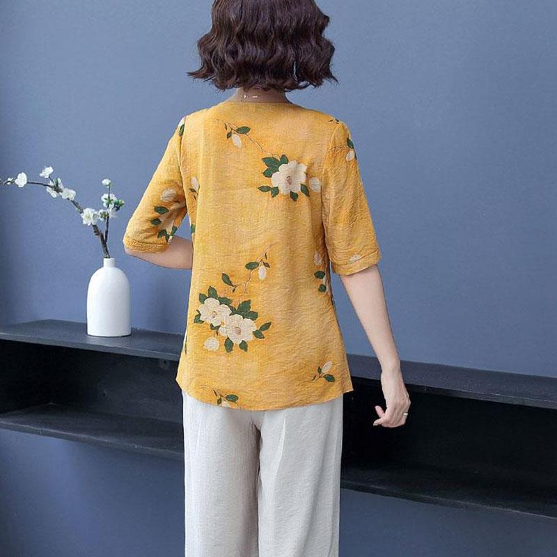 Women's Summer Cotton Linen Round Neck All-match Short Sleeve Floral Top