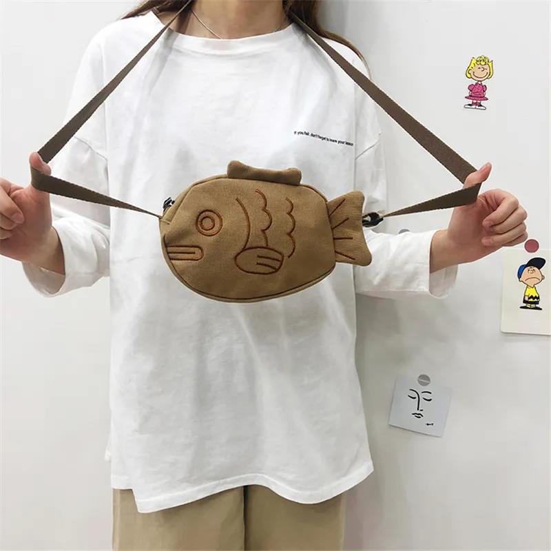 Cartoon Fish Shape Canvas Messenger Bag Cute Small Bag Wild Mini Canvas Bag Girl Student Outing Trip Crossbody Bags