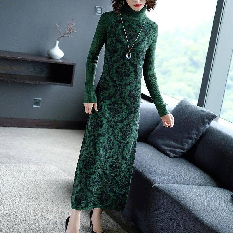 Turtleneck Sweater Dress Women  Knitted Long Dress Female Knitwear Full Sleeve Soft  High Quality