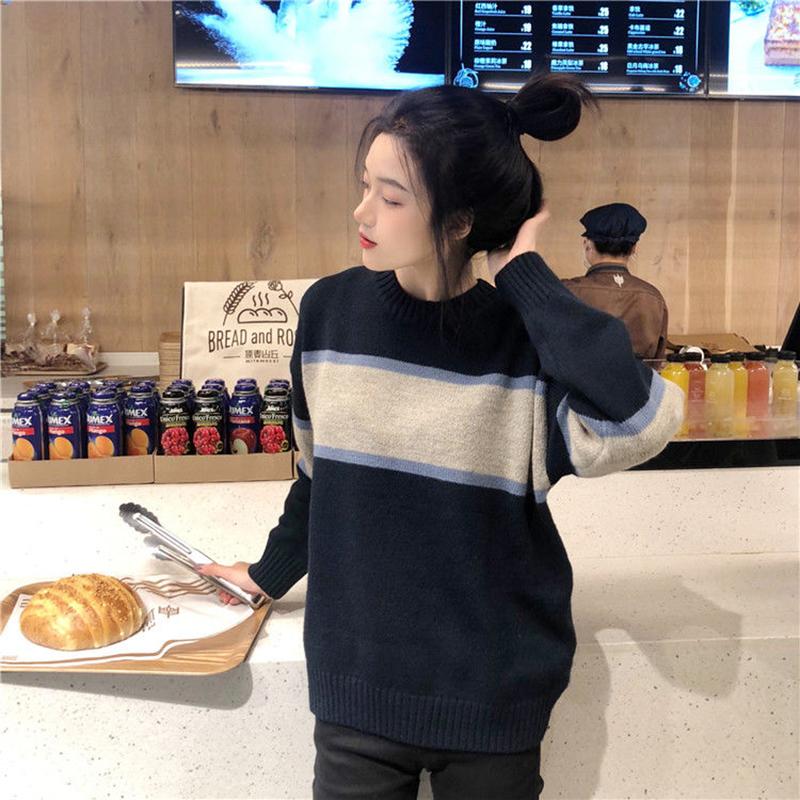 Autumn and Winter Pullover Crew Neck Sweater Korean Style College Style Color Matching Male and Female Students Loose Lazy Knit Jacket