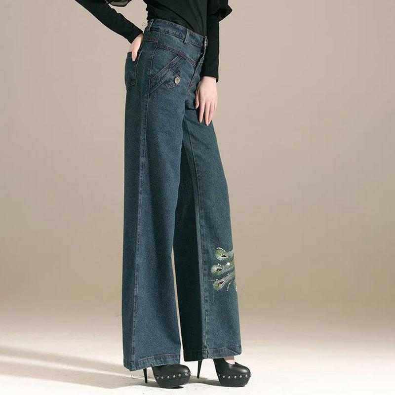 Autumn Embroidered Wide-leg Jeans Girls Plus Size Embroidered Trousers Loose High Waist Wide-leg Thigh Pants