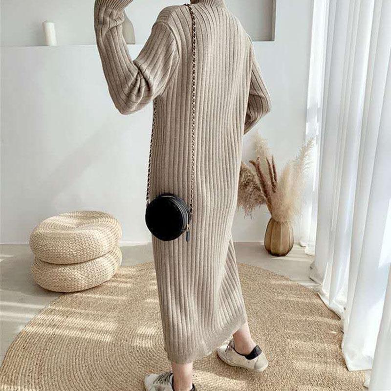 Long Sweater Over The Knee Retro Single-breasted Base Knitted Autumn and Winter Women's Dress