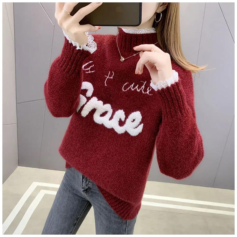 Chenille Lace Pullover Sweater Ladies Large Size Loose Half Turtleneck Sweater Solid Color Bottoming Knit Sweater