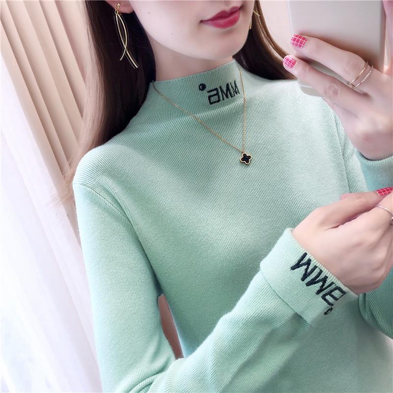 Women Letter embroidered pullover casual turtleneck Sweater long sleeve warm winter knitted jumper