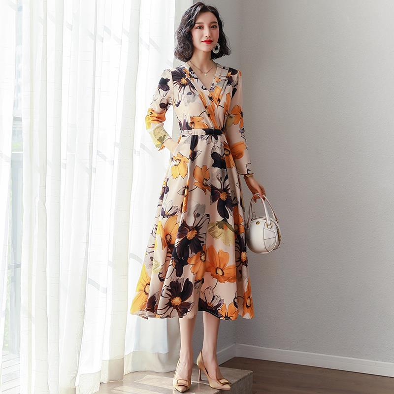 Floral skirt woman long dress large size long sleeve dress female spring and autumn clothing