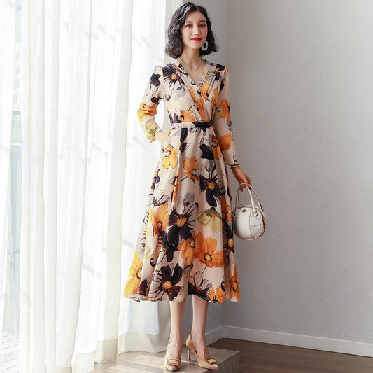 Floral skirt woman long dress large size long sleeve dress female spring and autumn clothing