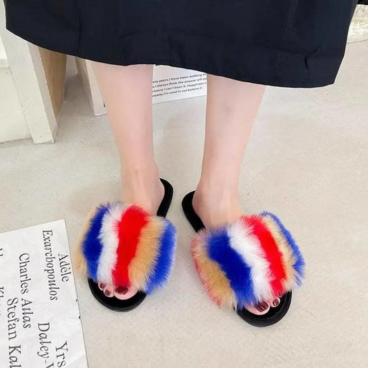 Furry Slippers Winter Slipper for Women Fashion Colorful Fur Cotton Slides Plat Non Slip Open Toe Indoor Slippers Shoes Plus Size