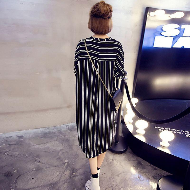 Summer Striped Shirt Dress Women Fashion Casual Lapel Short Sleeve Pocket Irregular Striped Short Dress Women