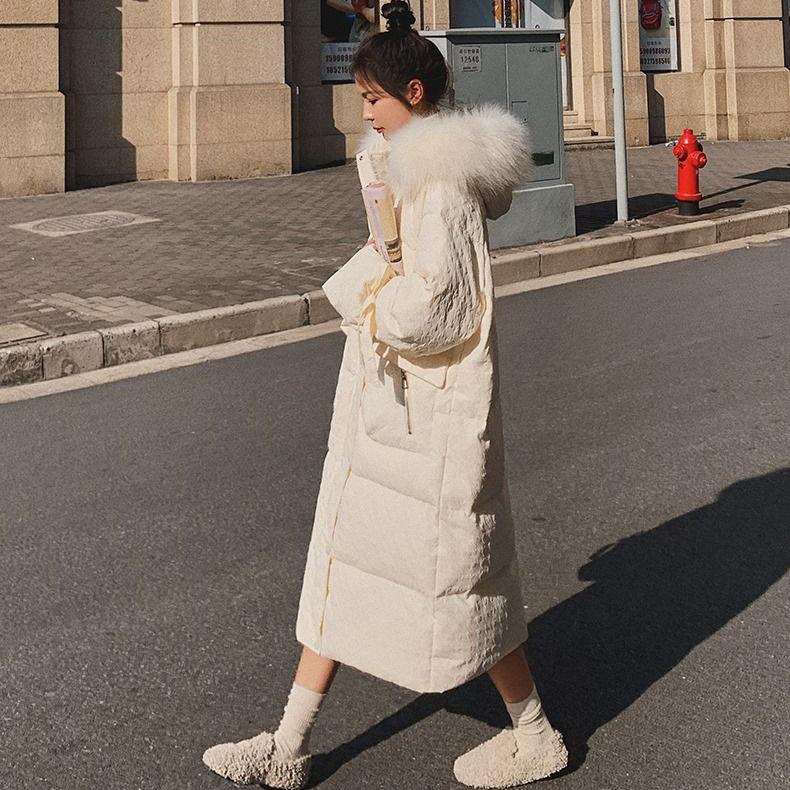 Winter New Style Loose Long Padded Jacket Padded Down Padded Jacket Coat Fluffy Big Fur Collar Over The Knee Long Down Jacket Elegant and Beautiful