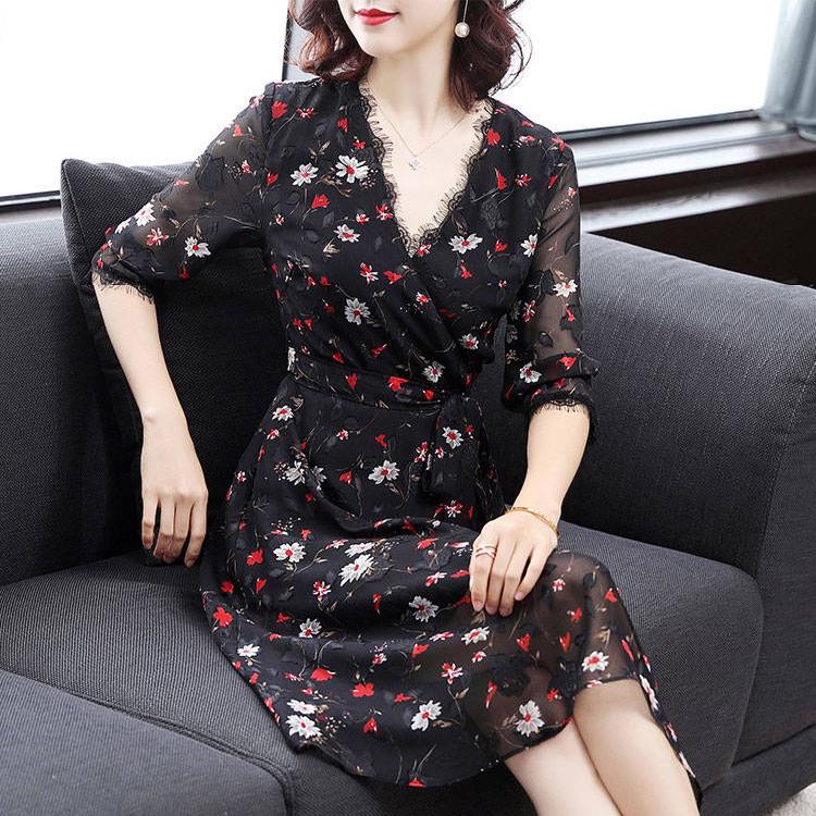 Vintage Spring Summer Chiffon Floral Printing Dress Midi Dress Pleated Hem Elegant Party Vestidos