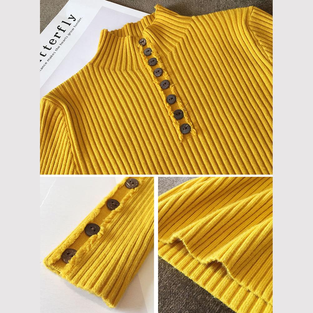 Women Pullover Sweater Button Decor Autumn Winter Half Turtleneck Slim Thick Knitting Sweater Soft Warm Jumper Basic Tops Bottoming Shirt White Black