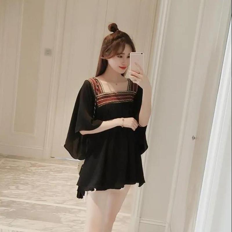 Ethnic Style Chiffon Dress Women Loose and Thin Bat Sleeves Large Size Square Neckline above knee Solid Color