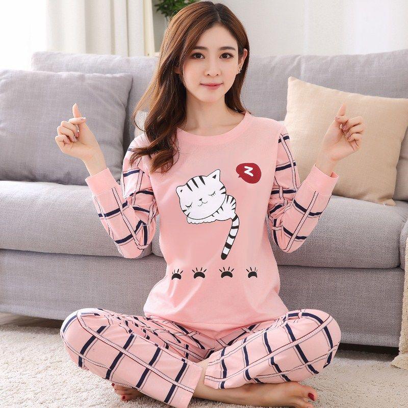 Spring and Autumn Long Sleeve Women's Pajamas Winter Korean Ladies Long Sleeve Homewear Loose Student Summer Thin Set