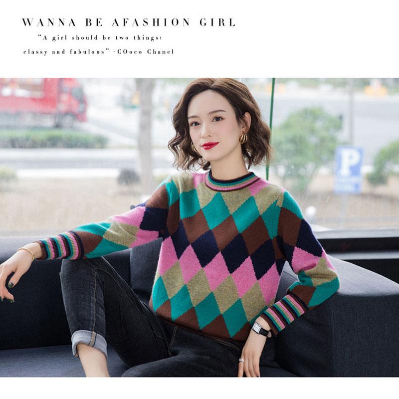 Color Block Sweater for Women Loose Casual Sweater Women Autumn Fashion All-match O-neck Pullover Sweater Diamond Plaid Knitted Sweater Outer Wear
