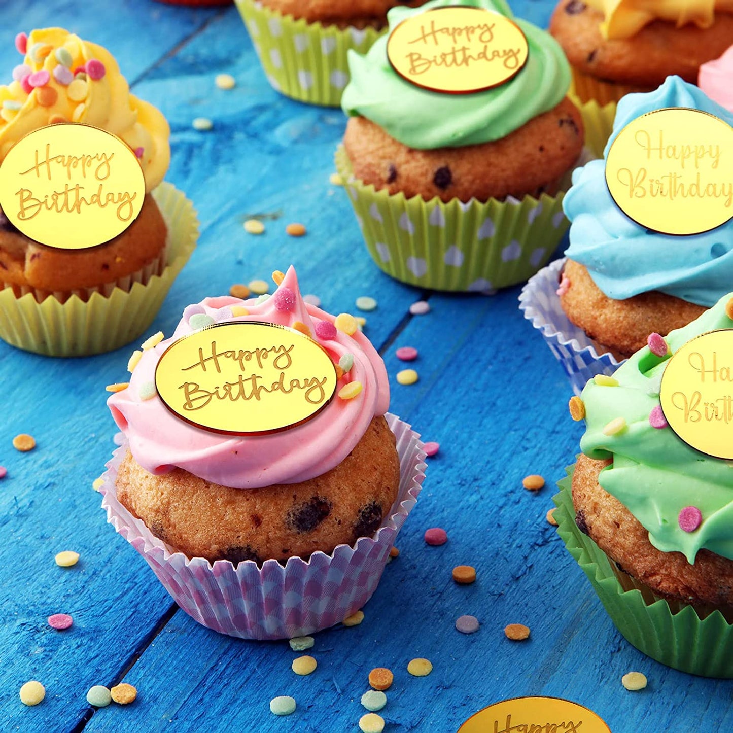 20 Pieces Acrylic Cake Disc Acrylic Cupcake Toppers Mirror Acrylic Cake Toppers Round Birthday Engraved Topper Charms for DIY Cupcake Decoration