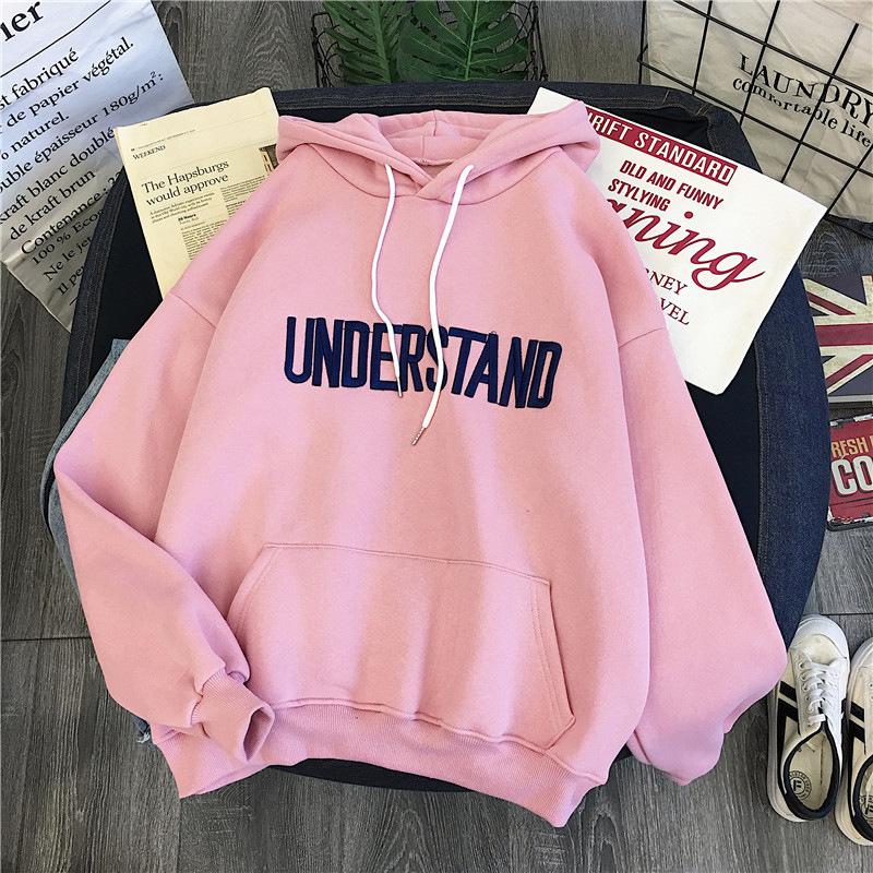 Women's Autumn/winter Fashion Letter Embroidered Hoodie Plain Color Loose Sweatshirt