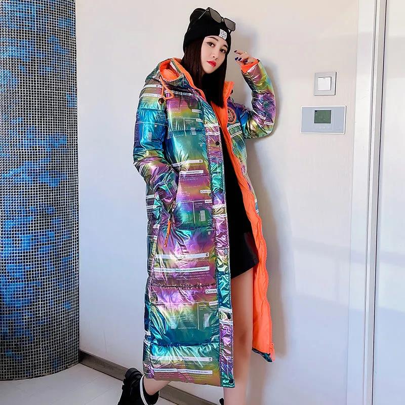Colorful Bright Face Cotton-padded Jacket Women's Long Section Over The Knee Thickening Plus Size All-match Cotton Jacket Women's Jacket