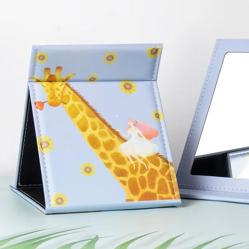 Portable  Soft PU Leather Animal Pattern Foldable Desktop Makeup Mirror HD Gift Mirror