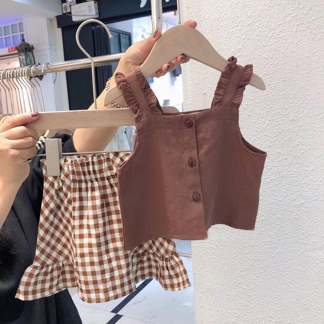 Kids Baby Girl Clothes Set Tops Solid Sleeveless Shirt Crop Plaid A-Line Skirt Summer Casual Outfit Sets Girls 0-2Y