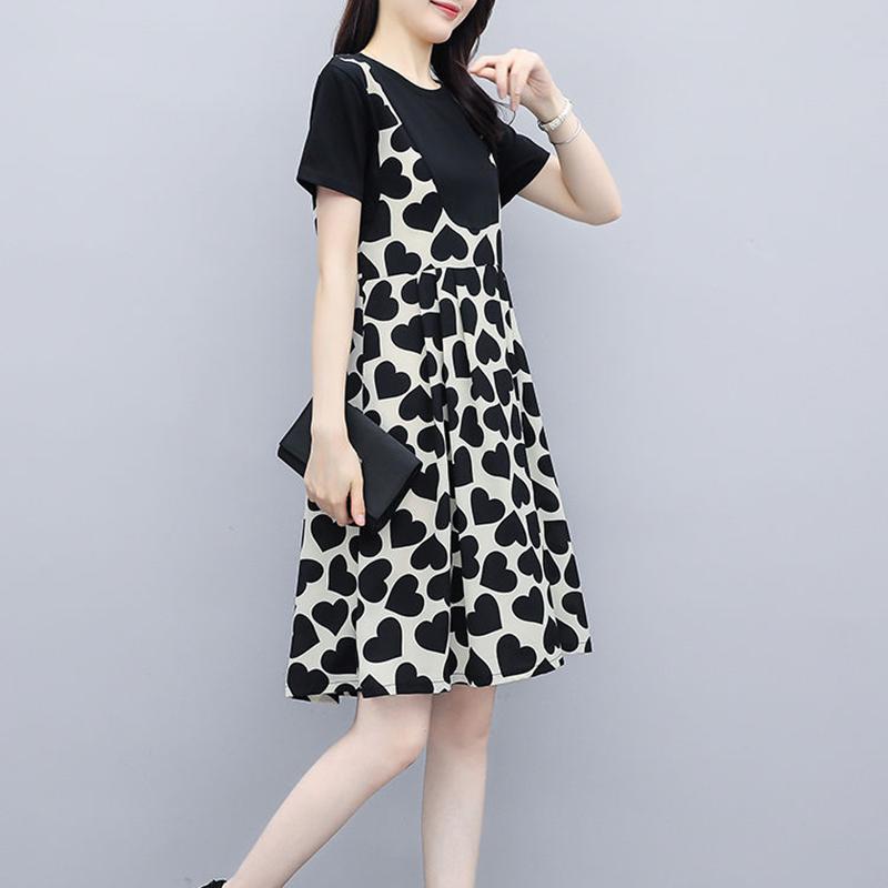1 Pcs Stitching Short Sleeve Dress Plus Size Women's Clothing Spring Summer S-XXXL Loose Love Heart Shape Print