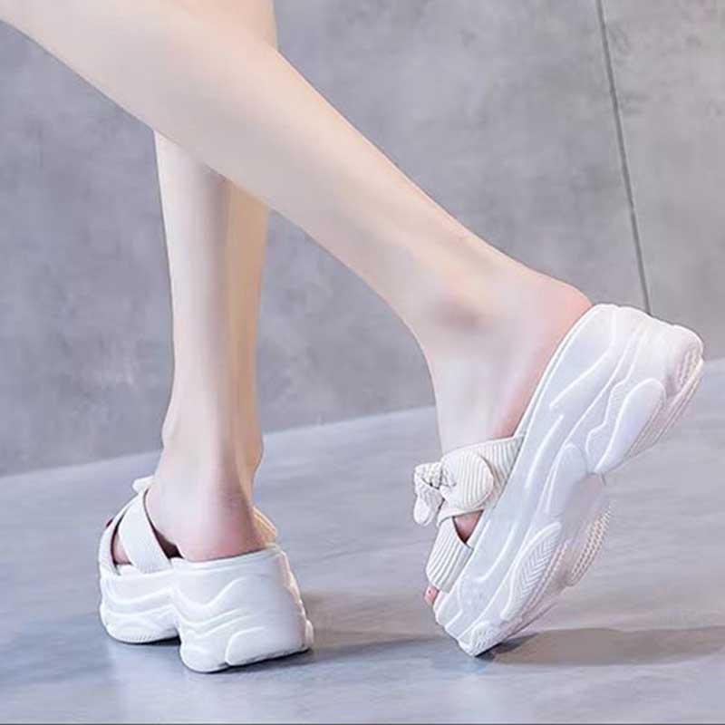 Size35-39 Summer Women Slippers Bohemian Beach Wear-resistant Slippers Wedge Platform Cross Bow Sandals Outdoor High Heels