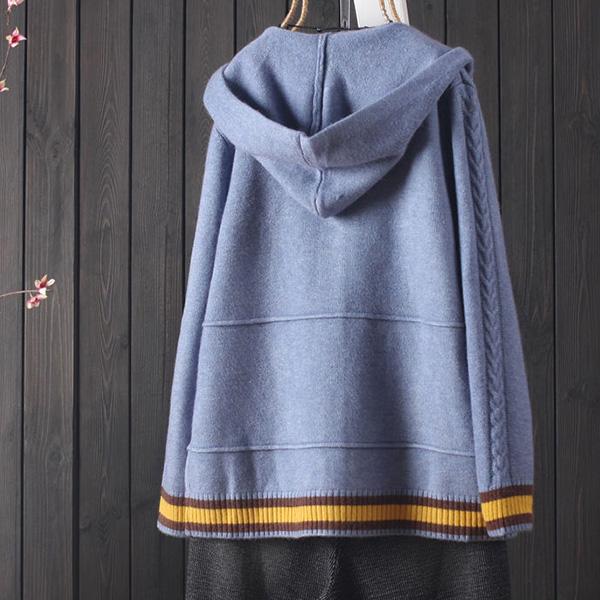 Women's Splicing Color Long-sleeved Sweater Early Autumn Hooded Knitted Cardigan Loose Button V-neck Top All-match