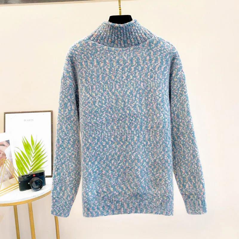 Faux Mink Half Turtleneck Sweater Rabbit Patch Loose Pullover Sweater Casual Plus Size Women's Sweater