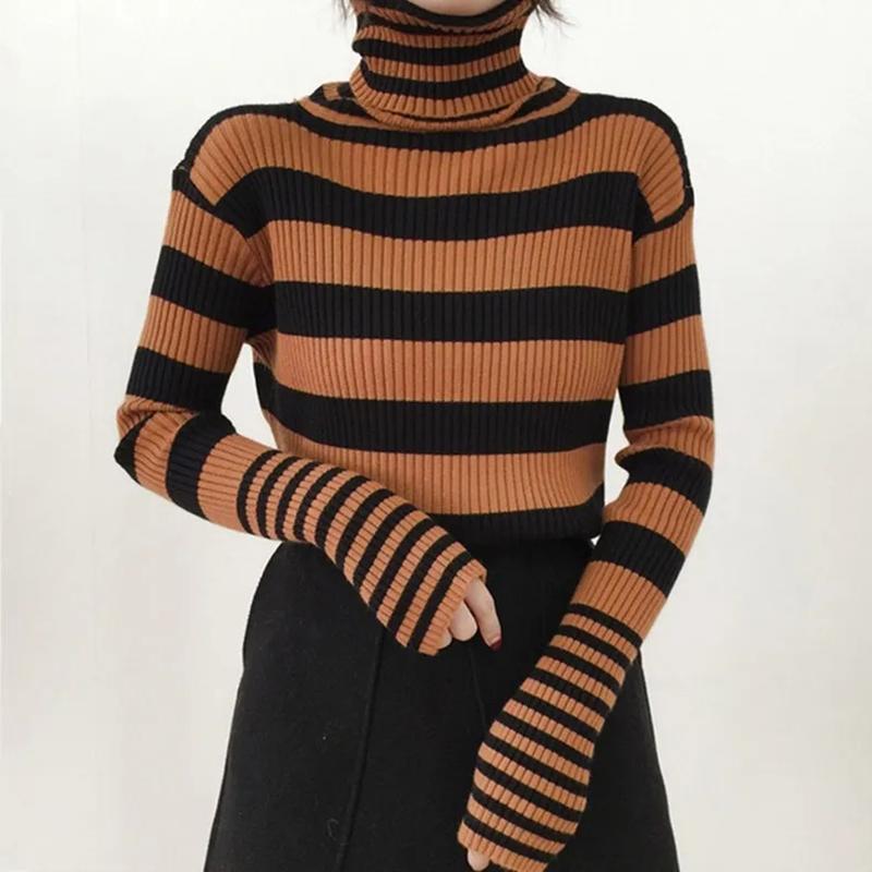 Sweater Women's Turtleneck Knitwear Black and White Striped Pullover Korean Slim Top Trendy Sweater Autumn and Winter Fashion