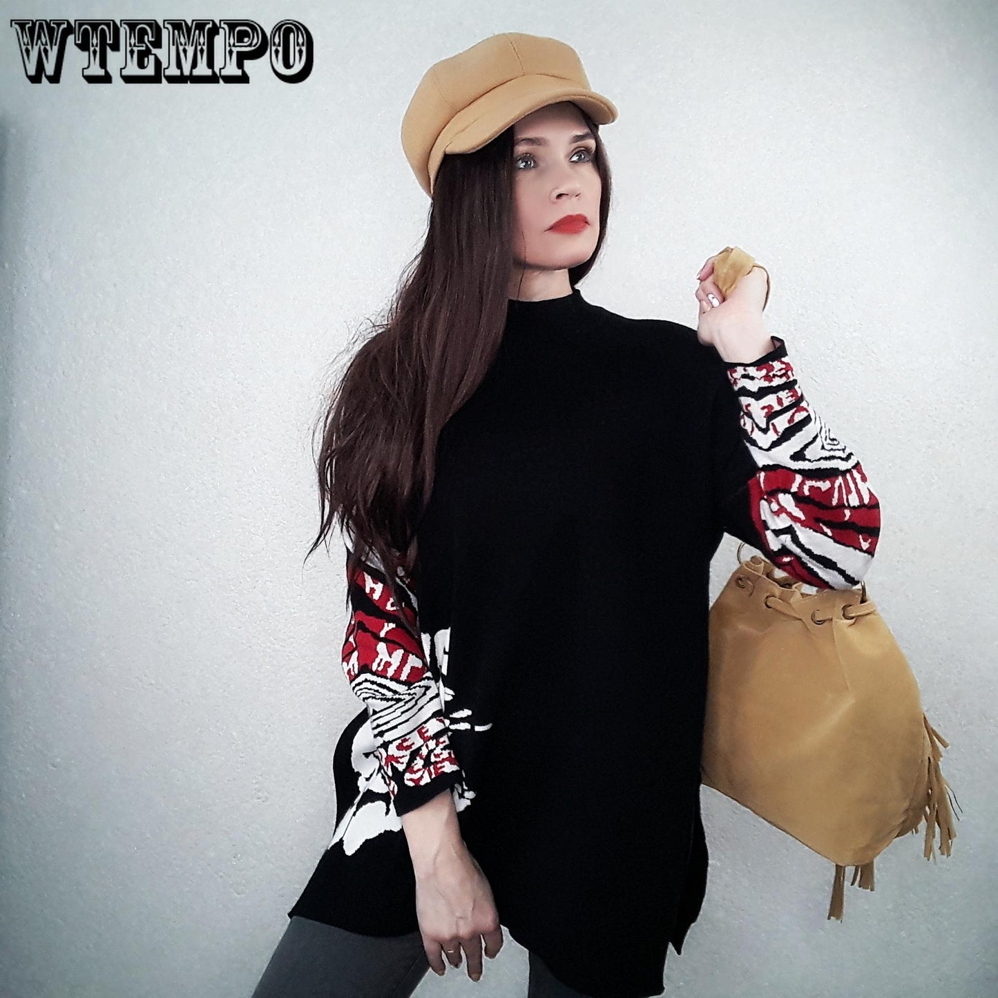 Women Vintage Printed Knitted Sweater Loose Bottoming Sweater Autumn Winter Plus Size Split Pullover Sweater