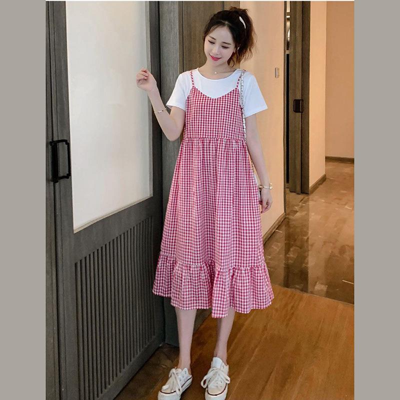 Maternity Clothes Short Sleeve Dress Mid-length Black Lace Loose Plus Size Mesh Round Neck Splicing Ruffle Skirt