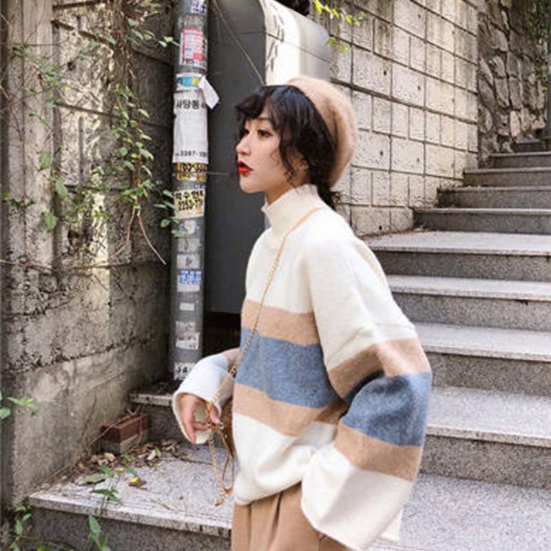 Pofulove small fresh cute female thick sweater women loose wild sweater striped shirt women