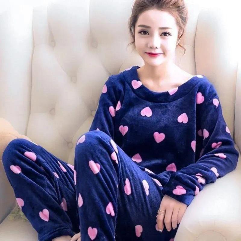 Women's Long-sleeved Flannel Pajamas Set Spring Autumn Cartoon Sleepwear Thickened Warm Printing Plush Cute Sleeping Suit Set