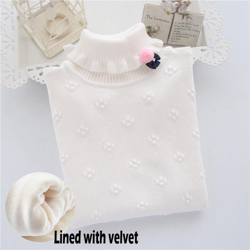 Girl Sweater Plus Velvet Thick Autumn and Winter Solid Color Set High Collar Long-sleeved Big Children's Knitting Shirt