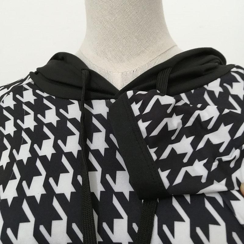 XL-XXXXXXL Houndstooth Mid-length Sweater Dress Women Spring and Autumn Plus Size Hooded Long Sleeve Loose Dress