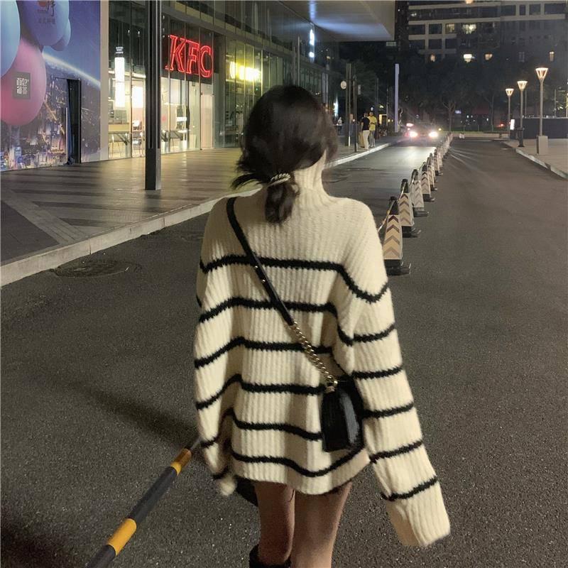 Pofulove Wild Thickened Knit Tide Winter Warm Long Striped Turtleneck Sweater Girl Student Loose