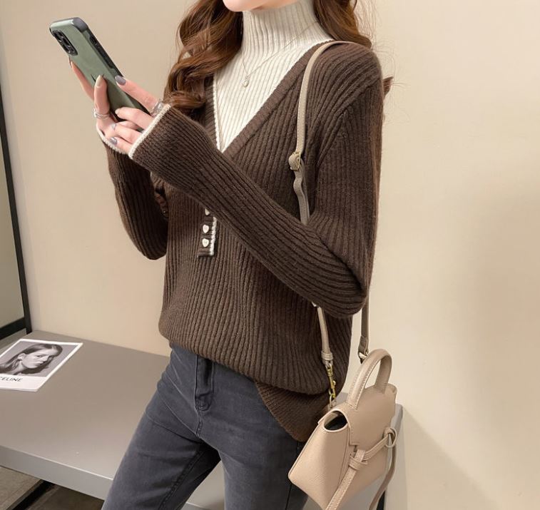 Autumn and Winter Women's Half Turtleneck Sweater Fake Two Pieces Stitching Loose Knit Sweater Fashion Loose Large Size Pullover