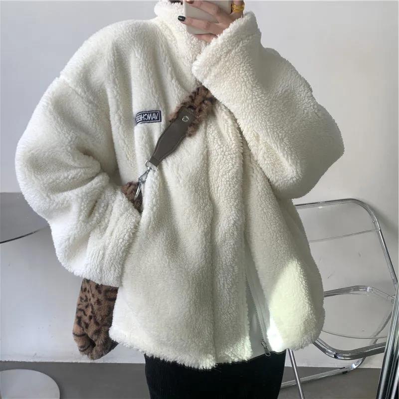 Double-sided Lamb Velvet Jacket Winter Ladies Korean Version of Loose Stand-up Collar Thick Jacket Suitable for Young Women