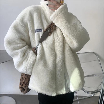 Double-sided Lamb Velvet Jacket Winter Ladies Korean Version of Loose Stand-up Collar Thick Jacket Suitable for Young Women