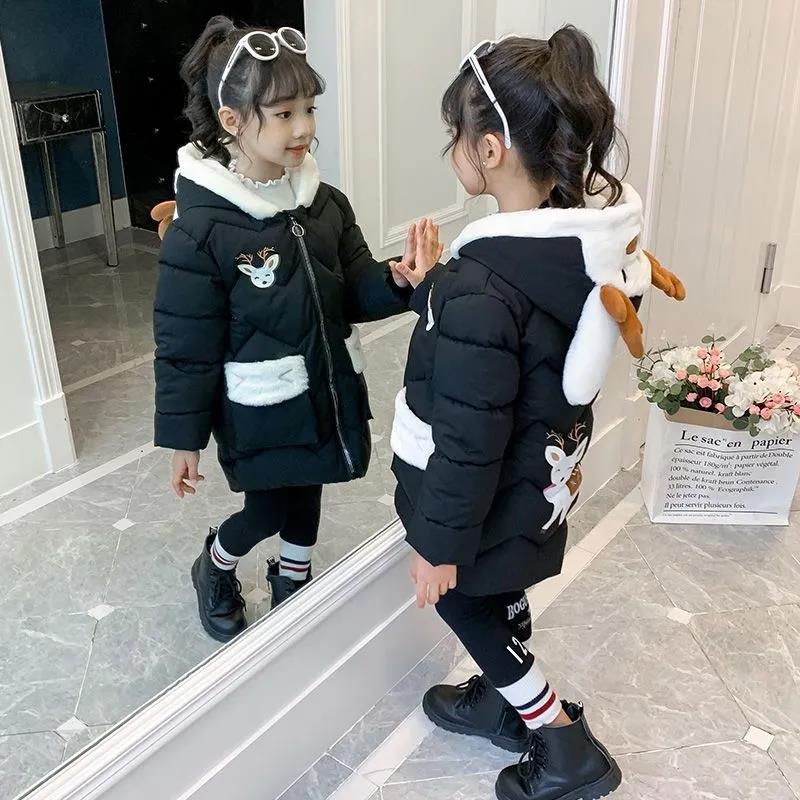 Girls Thick Warm Cotton Clothes Winter Hooded Mid-length Coat