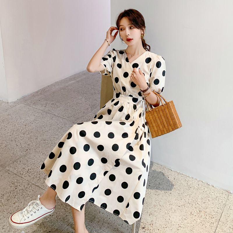 Female Plus Size Elegant Holiday Dress Slim V-neck Wave Point Print Bubble Sleeve Big Swing Long Dress