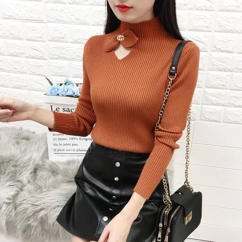 Pofulove Winter turtleneck sweater bow hollow Slim bottoming Knitted pullover short sweater women