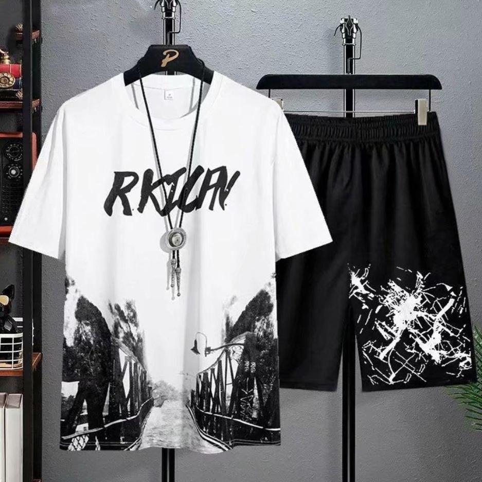 Summer Short Sleeve T-shirt Set Men's Casual Half Sleeve Ice Silk T-shirt Two Piece Set Men's