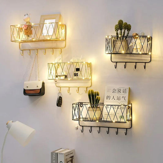 Home Storage Rack Metal Solid Wood Punch-free Storage Rack Waterproof Display Shelf with Light Strip